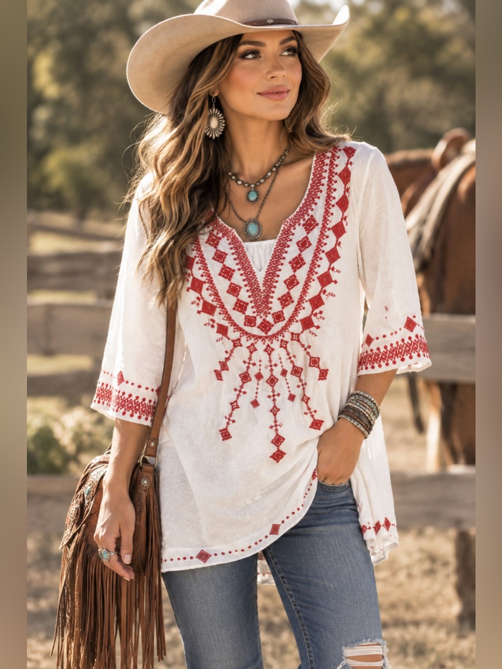 Savanna Jane White Red Embroidered Western Boho Tunic Top Size Small